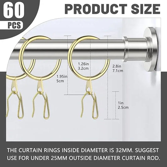 60Pcs Gold Curtain Rings and 60 Pcs Curtain Drapery Pin Hooks,Gold Shower Curtain Hooks for Drapes,32mm Internal Diameter for Window, Shower Curtain - ModernBath