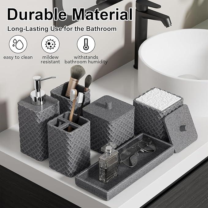 Bathroom Accessories Set Resin 6PCS, Square Toothbrush Holders Set Complete with Soap Dispenser, Vanity Tray, Tumbler, Cups and Cotton Swab Jars (Gray Diamond, Resin Bath 6 PCS) - ModernBath