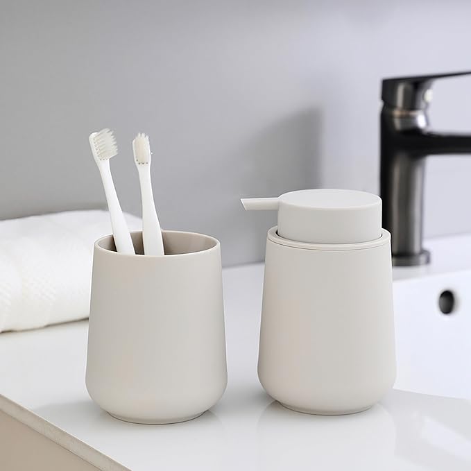 YAUKPH Matte Beige Bathroom Accessories 2 Piece Set Plastic Soap Dispenser and Toothbrush Holder for Modern Bathroom Decor