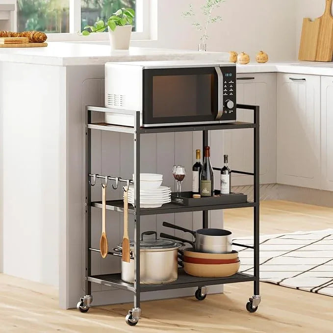 3-Tier Metal Storage Rack with Industrial Wheels,Mesh Shelving Unit with Wooden Table top,Adjustable Shelf,23.6-Inch Width,15.8-Inch Depth, for Kitchen, Laundry,Pantry,Plant,Black - ModernBath