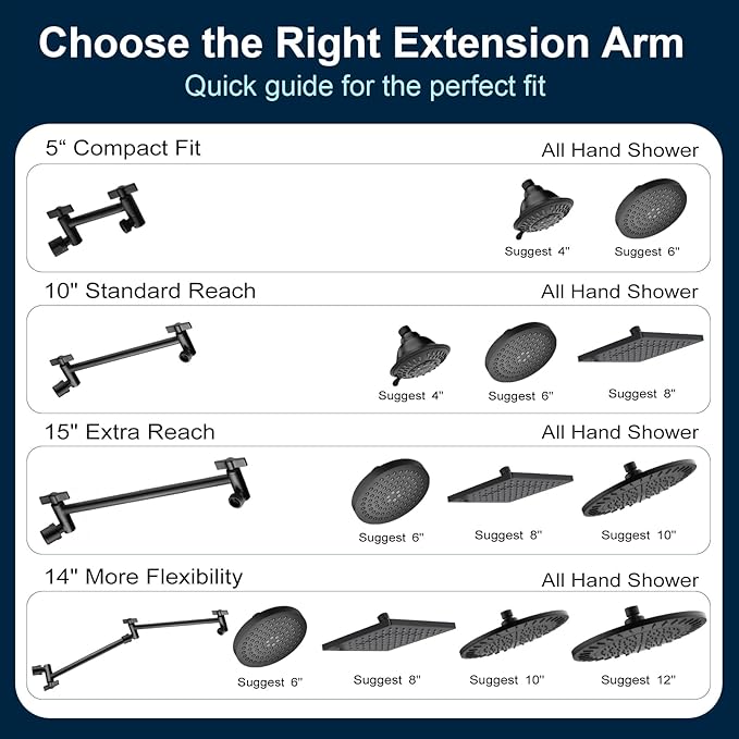 BRIGHT SHOWERS Shower Head Extension Arm with Locking Nut,Solid Brass 10 Inch Universal Shower Arm Extender for Rain and Handheld Showerhead, Height & Angle Adjustable, Matte Black