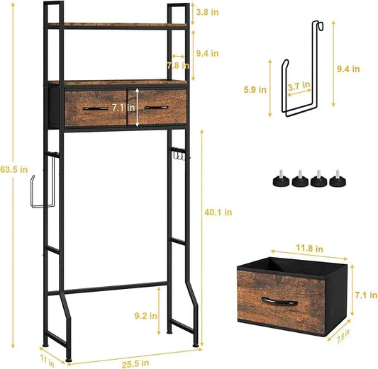YBING Over The Toilet Bathroom Storage Cabinet for Freestanding, Above Toilet Shelf with Fabric Drawer, Tall Bathroom Shelf Organizer with Toilet Paper Holder, Brown - ModernBath