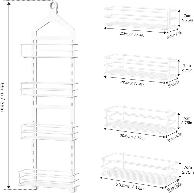 Orimade 4 Tier Adjustable Anti-slip Shower Caddy Over Shower Head, Rustproof Bathroom Hanging Organizer With 4 Hooks for Razor, No Drilling Shower Shelves Storage Rack, White - ModernBath