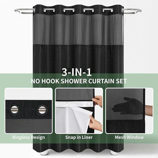 eachope Stall No Hook Shower Curtain with Snap-in Fabric Liner Set,Waffle Weave Shower Curtains for Bathroom,Hotel Luxury Decor Bathroom Curtain Set,Waterproof & Washable,Black,54Wx80H - ModernBath