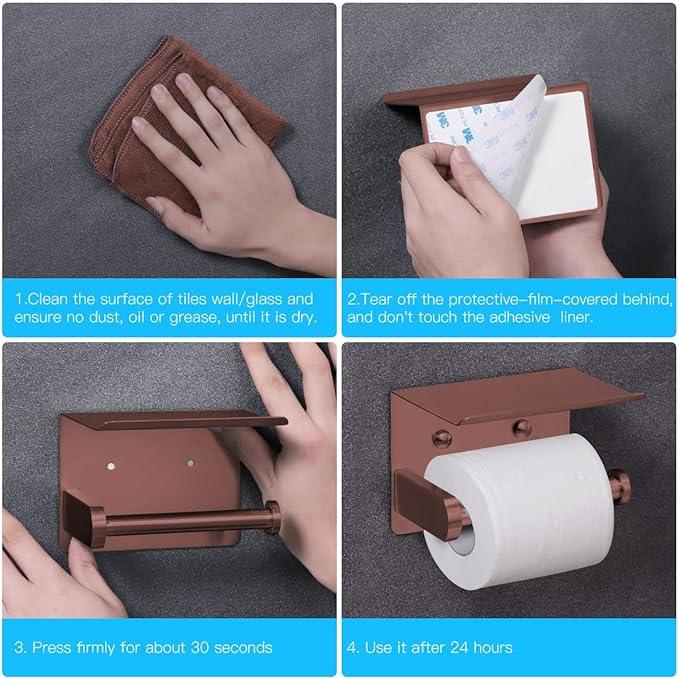 VAEHOLD Self Adhesive Toilet Paper Holder with Phone Shelf Stainless Steel Wall Mounted Toilet Paper Roll Holder - Rustproof and Bathroom Washroom Tissue Roll Holder with Shelf - Red Copper - ModernBath