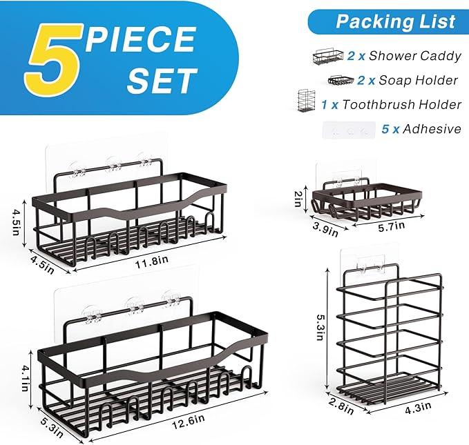 EUDELE 5-Pack Rustproof Stainless Steel Shower Caddy – No Drill Adhesive Bathroom Organizer with Large Capacity, Spacious Shower Shelves for Inside Shower, Kitchen & Home Decor Storage-XL Size - ModernBath