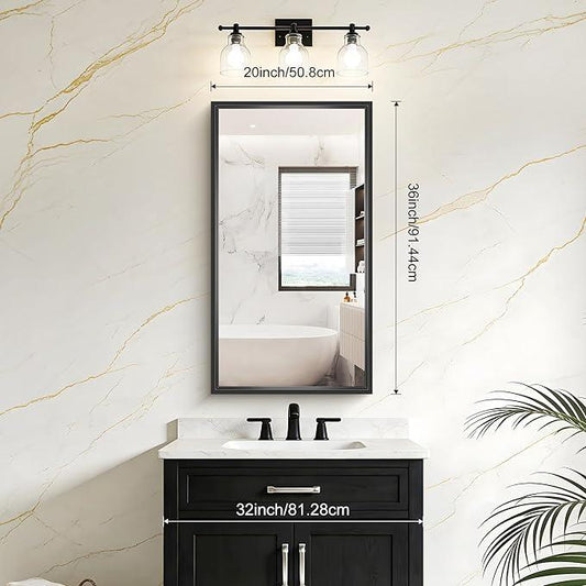 CIVENO Bathroom Mirrors for Over Sink, 36 x 20 Inch Brushed Black Rectangle Mirror, 0.6" Thickened Deep Frame Wall Mirror, Shatterproof Tempered Glass, Antirust, Horizontally or Vertically - ModernBath