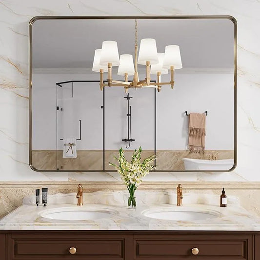 JISOSO Bronze Bathroom Mirror 40x30 Inch, Brushed Bronze Metal Frame Mirror for Wall, Rounded Rectangle Bathroom Vanity Mirror with Tempered Glass, Anti-Rust, Horizontal/Vertical - ModernBath