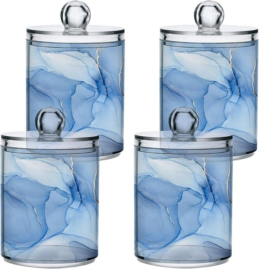 BOENLE 2 Pack Qtip Holder Dispenser Blue Marble Bathroom Storage Canister Lid Acrylic Plastic Apothecary Jar Set Vanity Makeup Organizer for Cotton Swabs/Pads/Floss