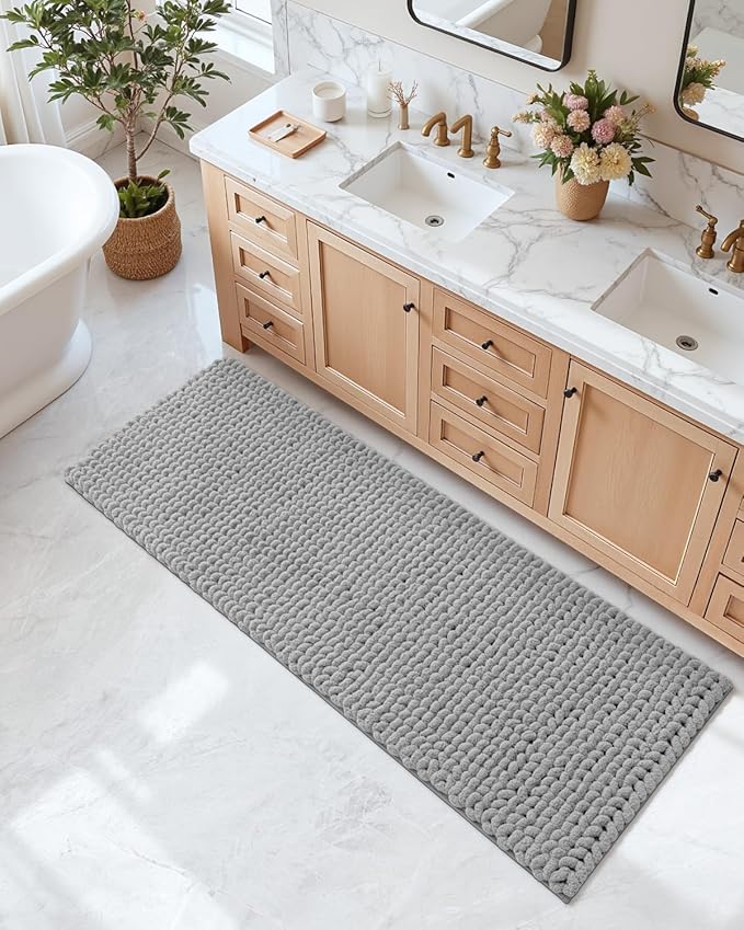 DEXI Bathroom Runner Rugs 24x60, Non Slip Washable Long Bath Mat, Luxury Chenille Super Absorbent Ultra Thick Bathmats for Shower Floor, Plush Fluffy Shaggy Carpet for Tub, Light Grey