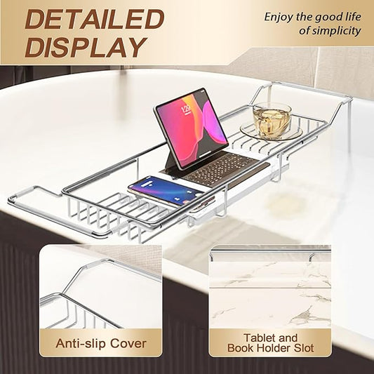 BVL Bathtub Tray Stainless Steel with Marble Base Chrome Bathtub Tray with White Marble Base Adjustable & Rustproof Bath Caddy for Spa, Relaxation, Bath Bombs