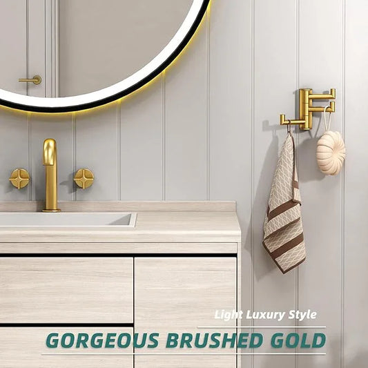 APLusee Swivel Towel Hook, 304 Stainless Steel Foldable Clothes Hook with Multi Three Rotating Arm, Flexible Bathroom Kitchen Storage Hanger Wall Mounted, Brushed Gold - ModernBath