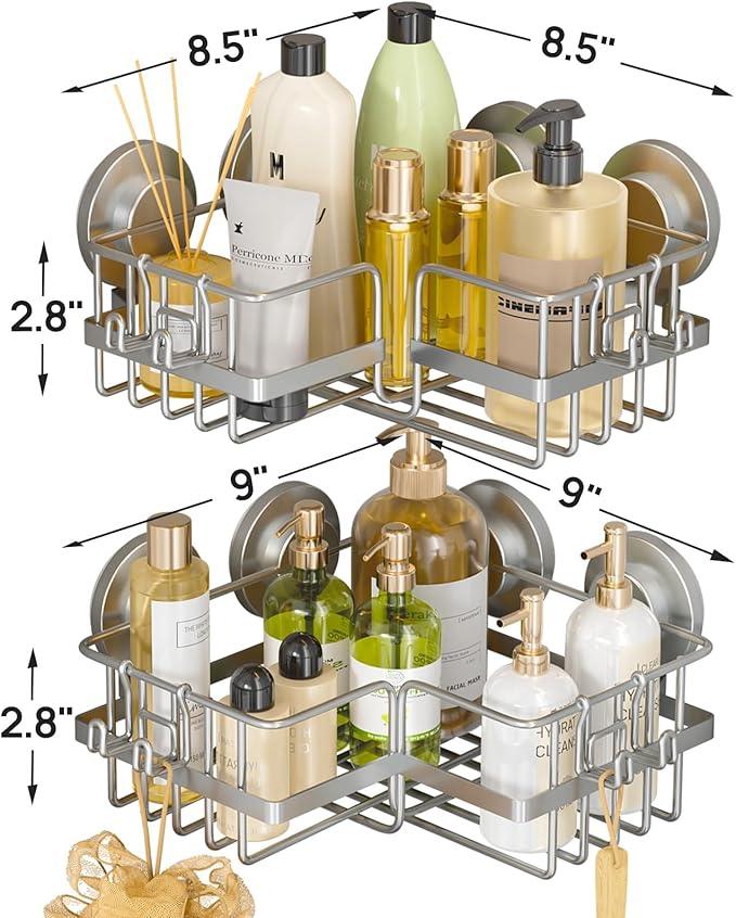 LEVERLOC 2 Pack Corner-adaptive Suction Cup Shower Caddies, Drill-Free Wall Mounted Basket, Stainless Steel Rustproof Corner Shower Shelf, Large Capacity Removable Suction Cup Bathroom Organizer, Gray - ModernBath