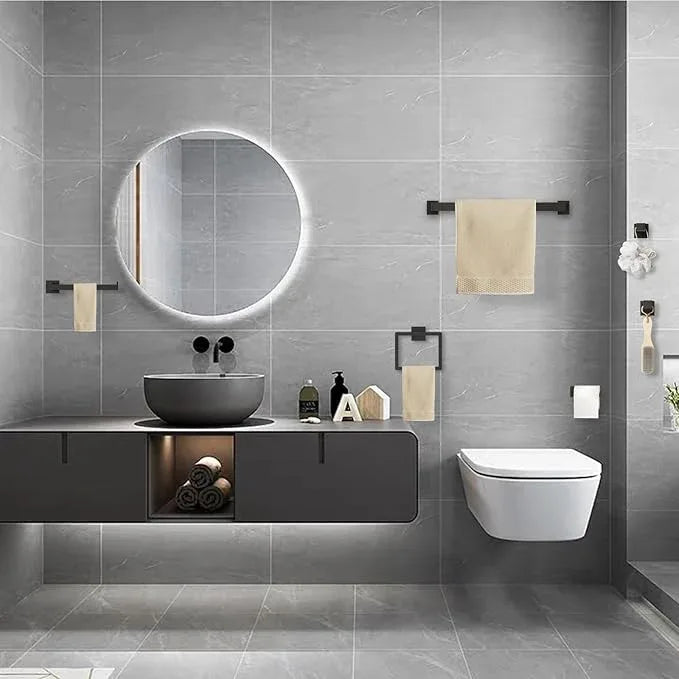 Bathroom Accessory Towel Bar Set: 5 Pieces Matte Black Bathroom Hardware Square SUS304 Stainless Steel - Wall Mounted Towel Rack&Toilet Paper Holder&Towel Ring and Robe Hooks. - ModernBath