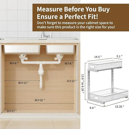 Under Sink Organizer 1 Pack, 2-Tier Slide Out Cabinet Organizer with Metal Sliding Drawer and Hooks, Pull Out Storage Baskets for Kitchen Bathroom Pantry Cabinet Organization (White (1 pack)) - ModernBath