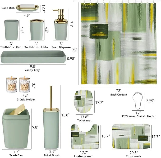 XLHOMO Bathroom Set - Sage Green Bathroom Accessories Set, Bathroom Sets with Shower Curtain and Rugs, Sage Green Shower Curtain Set with Bathroom Trash Can, Soap Dispenser, Soap Dish for Home Decor - ModernBath