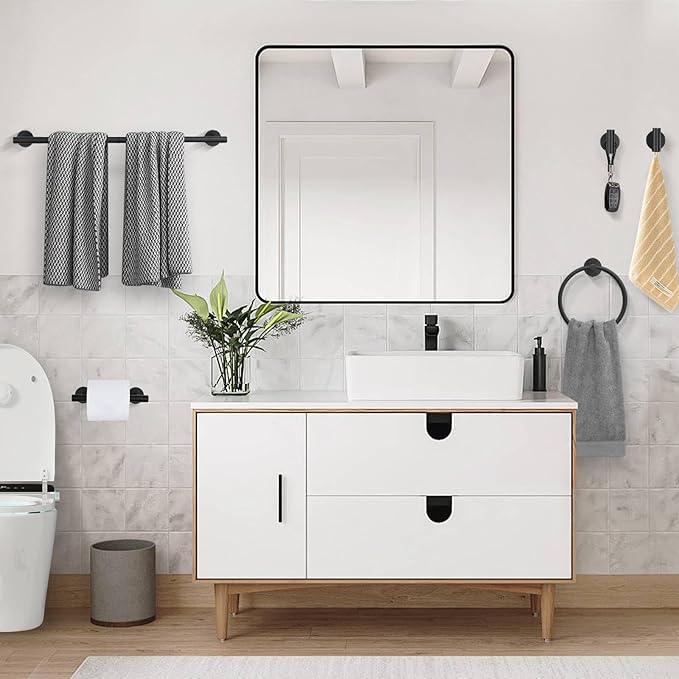 5 Pieces Matte Black Round Towel Bar Set Bathroom Hardware Accessories Set Upgraded Toilet Paper Holder Towel Racks Set for Bathroom Stainless Steel Wall Mounted 23.6 in - ModernBath