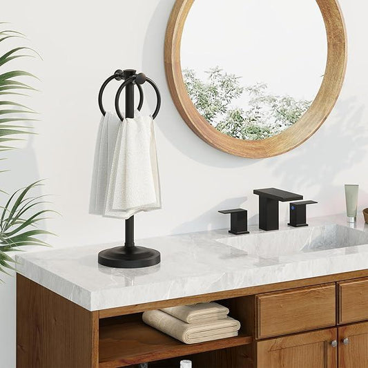 Hoimpro 17" Matte Black Stainless Steel Standing Towel Rack Double Towel Ring Hand Towel Stand Holder, Bathroom Accessories Set Hardware Towel Bar Hanger for Bathroom Vanity and Kitchen Countertops - ModernBath