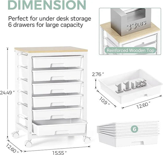 Rolling Storage Utility Cart with 6 Drawers and Wooden Tabletop for Under Desk Storage,White - ModernBath