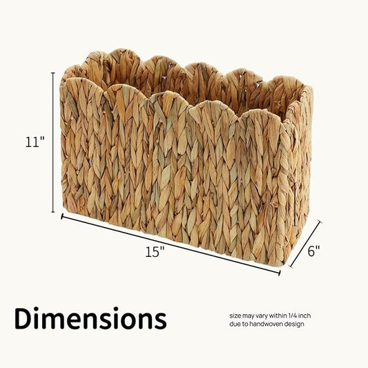 Water Hyacinth Magazine Holder with Scalloped Edge – Toilet Paper Storage Basket Natural Woven Decorative Basket for Magazines, Newspapers, Mail, Living Room, Bathroom & Office