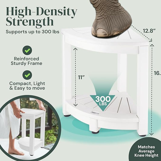 ROHKEX Waterproof Corner Shower Stool - Shower Bench (White HDPE, Corner Stool) - Waterproof Slatted Surface for Efficient Drainage - for Indoor and Outdoor Use, Decor Gift for Home and Mom