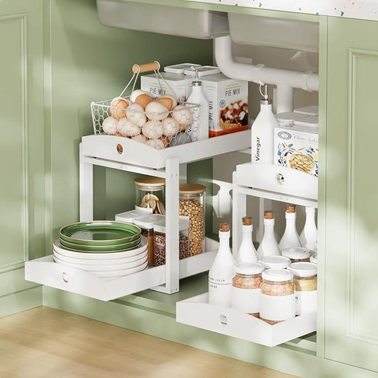 Bamboo Wood Under Sink Organizer 1 Pack, Pull Out Cabinet Organizer 2 Tier Under Sink Organizers and Storage with Sliding Drawer Sturdy Easy Assembly for Kitchen Bathroom Undersink (White, 2 Packs) - ModernBath
