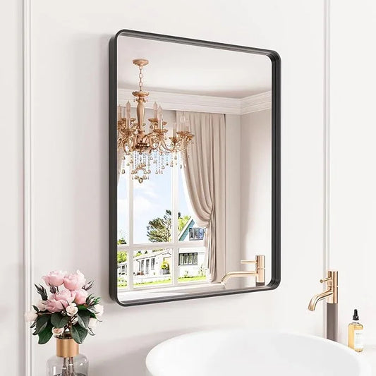 JISOSO Black Bathroom Mirror 22X30 Inch, Black Metal Framed Mirror for Wall, Rounded Rectangle Matte Bathroom Vanity Mirror with Tempered Glass, Anti-Rust, Horizontal/Vertical - ModernBath