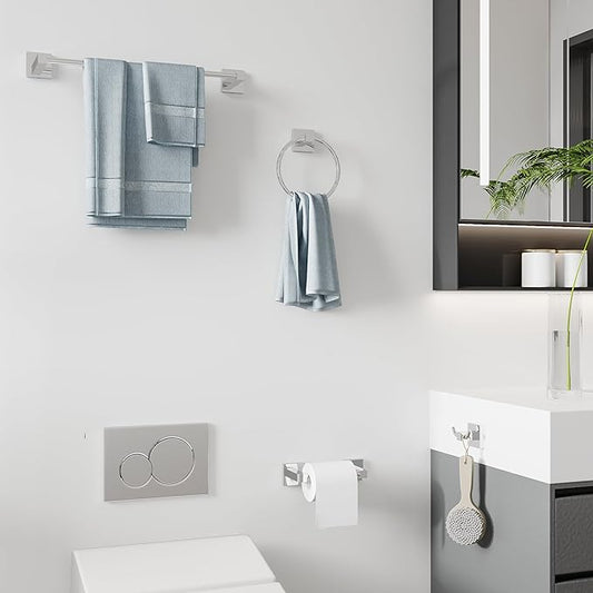 Ruacq Chrome 4pcs Bathroom Hardware Set-Toilet Paper Holder-Towel Ring -Towel Hooks for bathrooms-18 Inch Towel Bar Stainless Steel Wall Mounted, Bathroom Accessories Set