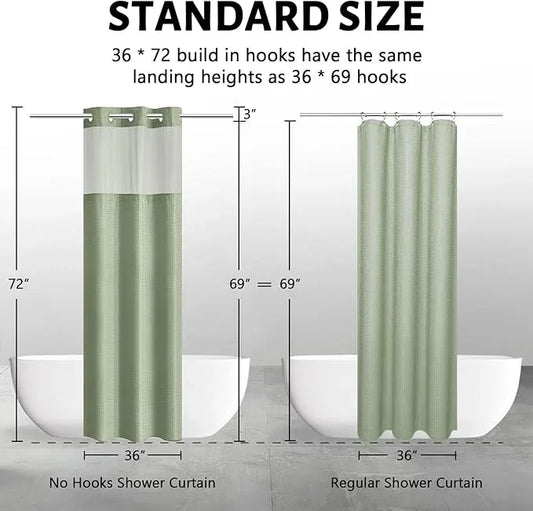 Furlinic Sage Green Small Stall No Hook Shower Curtain with Snap in Liner,Waffle Weave Heavy Duty Fabric Waterproof Bathroom Curtains,Washable Shower Curtain Set with See Through Window 36x72 Inch - ModernBath
