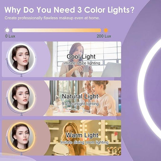Lighted Makeup Mirror, 3000 mAh Rechargeable Double Sided Magnifying Vanity Mirror with 3 Colors, 1x/10x, 360° Rotation , Brightness Adjustable Magnification Cosmetic Light up Mirror, Women Gift - ModernBath