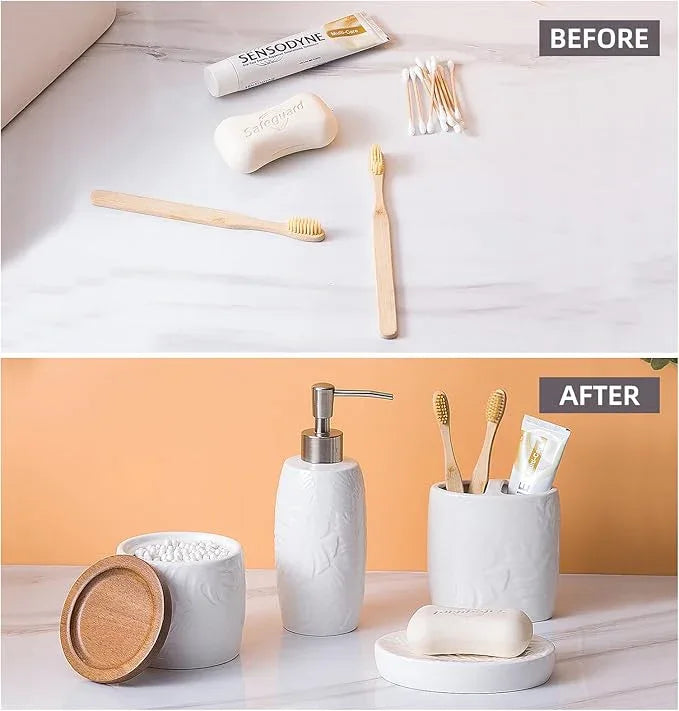 Bathroom Accessories Set,Leaf Design Bathroom Accessory Set,4 PCS Ceramic Gift Set Apartment Necessities, Contain Cotton Swab Jar,Soap Dispenser,Soap Dish,Tumbler White - ModernBath