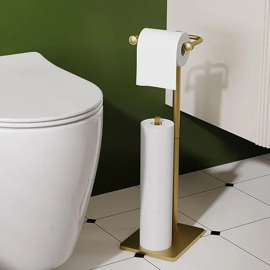 RUACQ Toilet Paper Holder Stand, Bathroom Toilet Paper roll Holder Free Standing with Storage for 4 Rolls, Post Pivoting Design, Stable Weighted Base, SUS304 Stainless Steel (Brushed Gold) - ModernBath