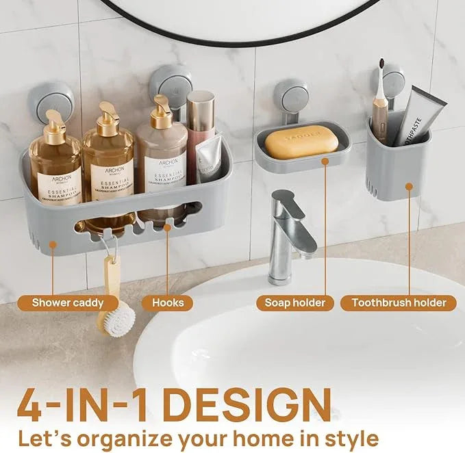 LEVERLOC Shower Caddy Suction Cup Set Shower Organizer & Soap Holder & Toothbrush Holder, Bathroom Shelf Basket NO-Drilling, Removable Suction Storage Waterproof Bathroom Caddy, Gray - ModernBath