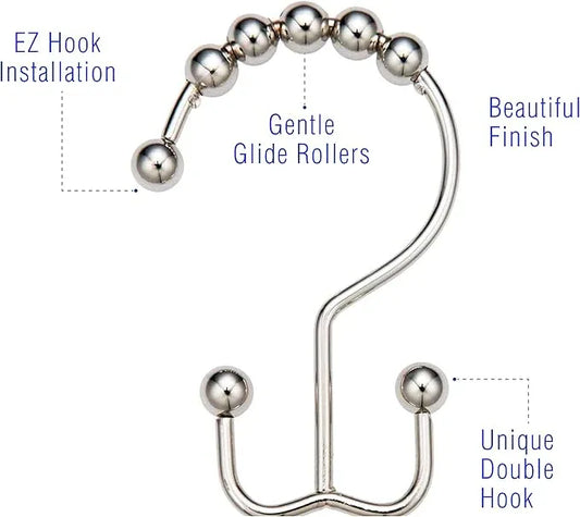 2LB Depot Double Shower Curtain Hooks Rings Polished Nickel Decor Finish Premium Rust-Resistant Stainless Steel Metal Hooks Roller Balls Glide on Shower Rods 12-Piece Set - ModernBath