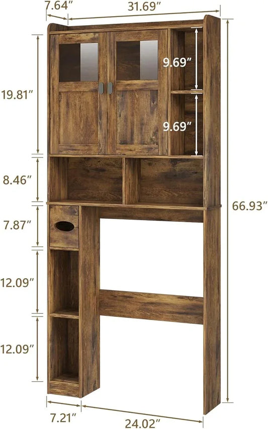 Vabches Over The Toilet Storage Cabinet, Bathroom Shelf Over Toilet with Glass Doors and Adjustable Shelves, Brown Freestanding Home Space Save Toilet Rack, for Restroom, Bathroom, Laundry - ModernBath