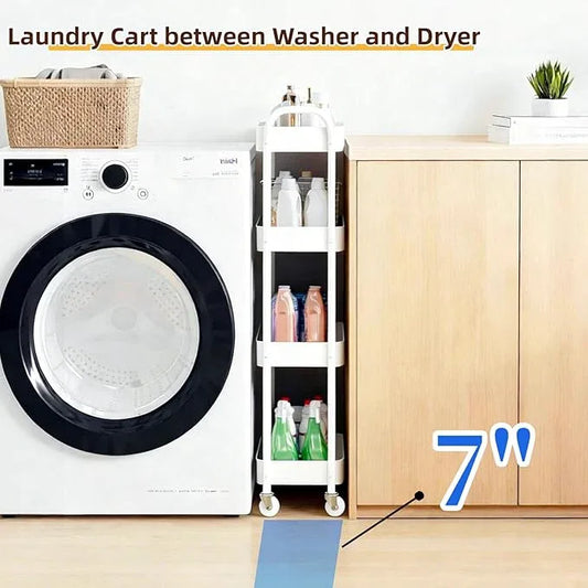 4 Tier Slim Kitchen Storage Cart for Narrow Space, 7.1'' Wide Metal Rolling cart with Wheels and Lockable Casters, Sturdy Mobile Thin Shelf for Laundry Room Between Washer and Dryer, White - ModernBath