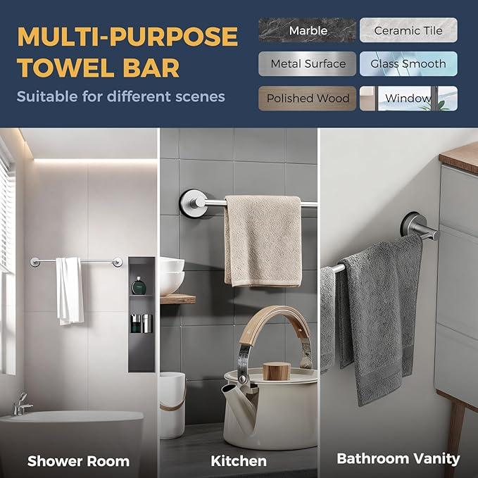 14.6inch~24inch Towel Racks for Bathroom,Adjustable Suction Cup Towel Bar for Bathroom Wall,Stainless Steel Bath Towel Holder for Shower(Brushed Silver) - ModernBath