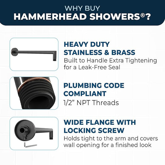 HammerHead Showers® Solid Metal 16 Inch Extended Shower Arm and Flange with Set Screw, Long Shower Arm, Extends Rain Shower Overhead, Wall-Mounted Rain Shower Arm, Oil Rubbed Bronze