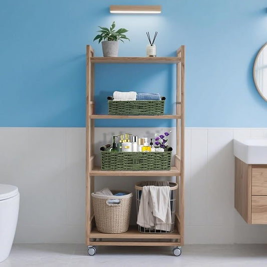 Green Toilet Basket Tank Topper for Bathroom Organizers & Storage, Paper Rope Imitation Wicker Toilet Paper Holder Basket with Handles for Desk, Countertop, Boho Coastal Bathroom Decor 2 PCS