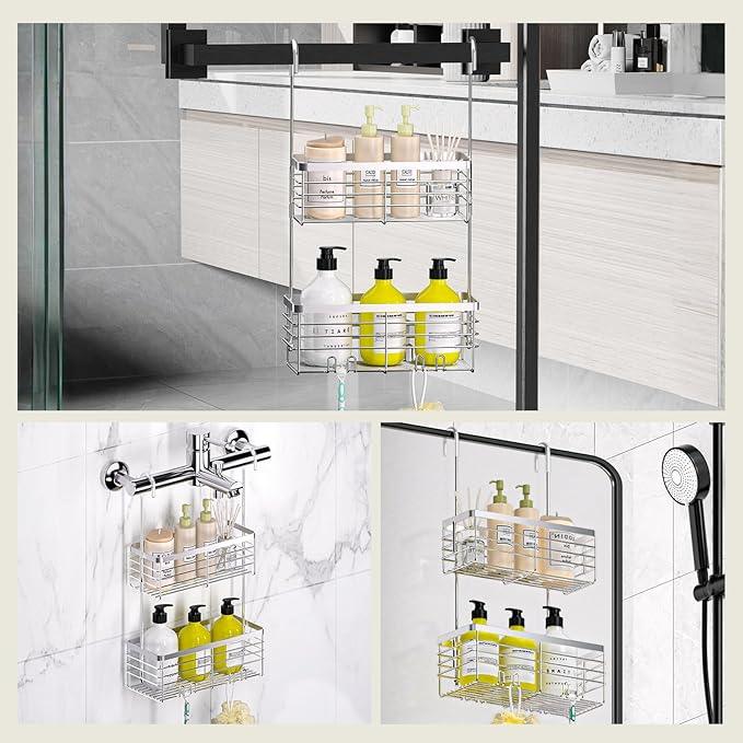 DELLAN Hanging Shower Organizer, 2-Tier Shower Rack with Hooks Over the Door, Bathroom Shower Caddy and Basket - ModernBath