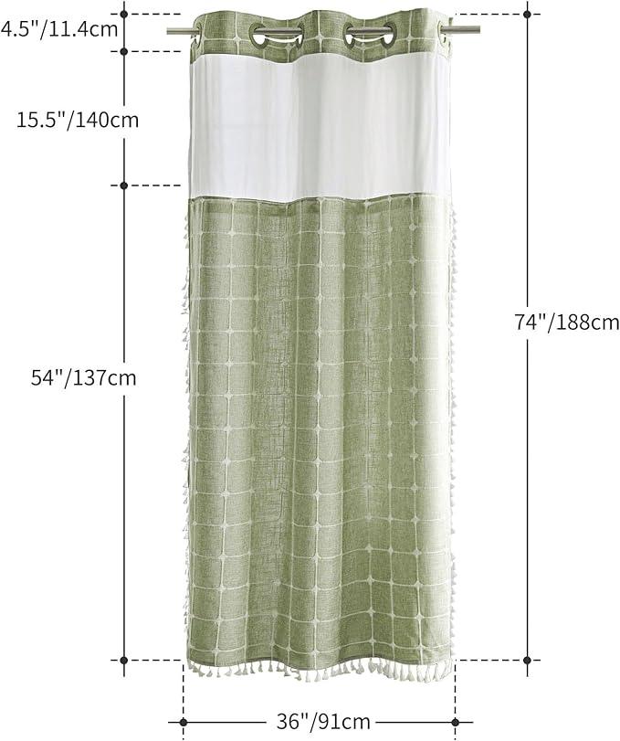 River Dream Sage Green Farmhouse Shower Curtain with Snap-in Liner, No Hooks Needed,with Magnets,with Tassels,Water Repellent&Machine Washable,36x74Inch - ModernBath