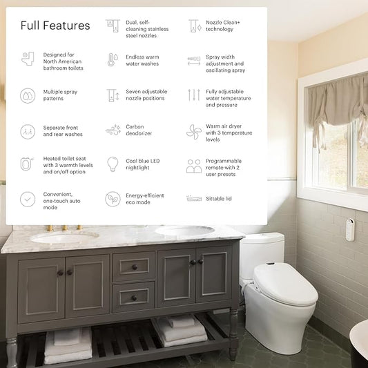 Brondell Bidet Toilet Seat S1400, Smart Toilet Seat, Dual Stainless-Steel, Self-Cleaning Nozzle With Clean Plus Technology, Endless Warm Water Bidet, Warm Air Dryer-Nightlight, Heated Seat, Elongated