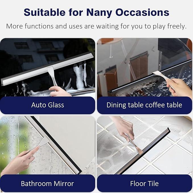 TOOVEM 14 Inch Shower Squeegee for Glass Doors, Window, Bathroom, Car Windshield, Shower Cleaning Tools with S Hook, Square Sticky Hook (Silver) - ModernBath