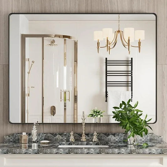 JISOSO Black Bathroom Mirror 48X32 Inch, Black Metal Framed Mirror for Wall, Rounded Rectangle Matte Bathroom Vanity Mirror with Tempered Glass, Anti-Rust, Horizontal/Vertical - ModernBath