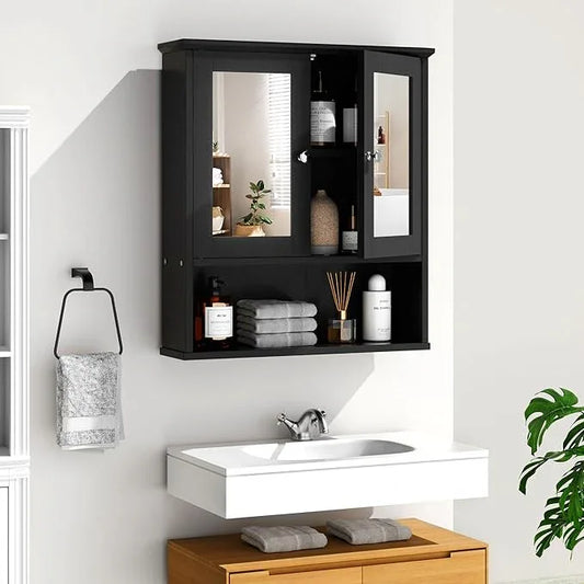 SUNLEI Bathroom Cabinet with Mirror, Wall Cabinet with 2 Mirrored Doors & Open Compartment Bathroom Cabinet Wall Mounted with Mirror Door, Black - ModernBath
