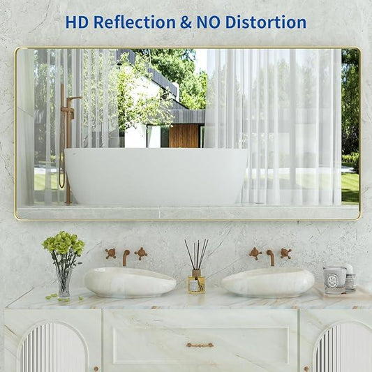 WEER Gold Bathroom Mirror, 72X36 Inch Brushed Gold Metal Frame Mirror, Rounded Rectangle Gold Bathroom Vanity Mirror for Wall, Tempered Glass, Anti-Rust, Hangs Horizontally or Vertically - ModernBath
