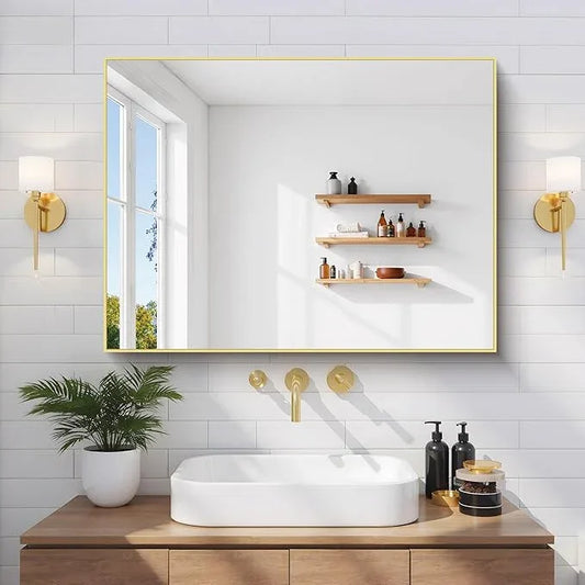 COFENY Gold Bathroom Mirror for Wall, 24x32 Inch Rectangle Mirror with Metal Frame, Modern Vanity Mirrors for Bathroom Living Room, Entryway Hangs Horizontal or Vertical - ModernBath
