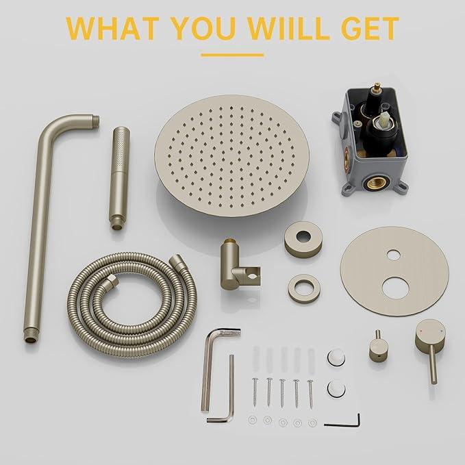 BESy Shower System with 10 Inch Round Rain Shower Head and Handheld Wall Mounted, High Pressure Rainfall Shower Faucet Fixture Combo Set with 2 in 1 Handheld Showerhead for Bathroom, Brushed Nickel - ModernBath