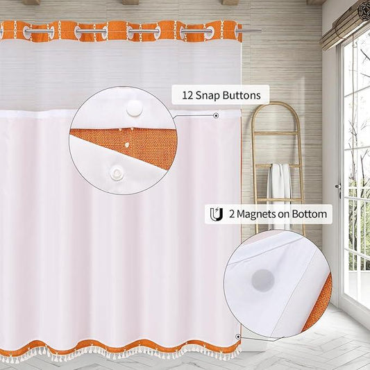 MitoVilla No Hooks Needed Orange Shower Curtain with Snap-in Liner - with Window & Magnets, Boho Cotton Linen Fabric Shower Curtains with Tassels for Rustic Bathroom Decor, Burnt Orange, 72 x 74 - ModernBath