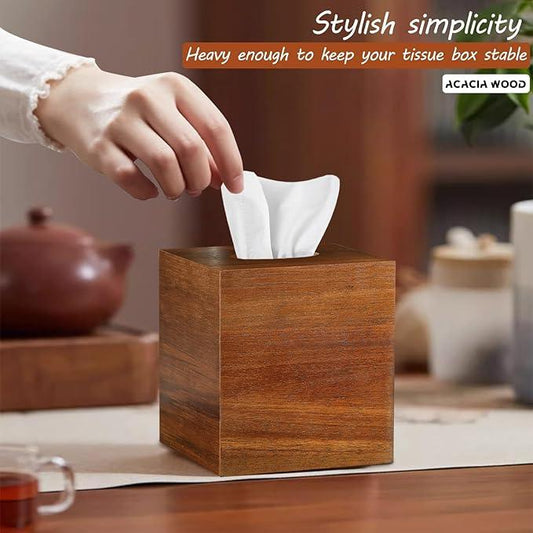 BIBELUN Square Tissue Box Cover,Acacia Wood Tissue Box Holder for Desktop Nightstand Bathroom Office,Decorative Facial Tissue Cube Box Cover/Organizer for Modern Home Decor - ModernBath